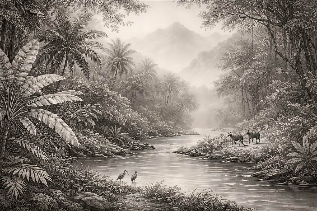 Fototapeten Nebeliger Dschungel am Fluss