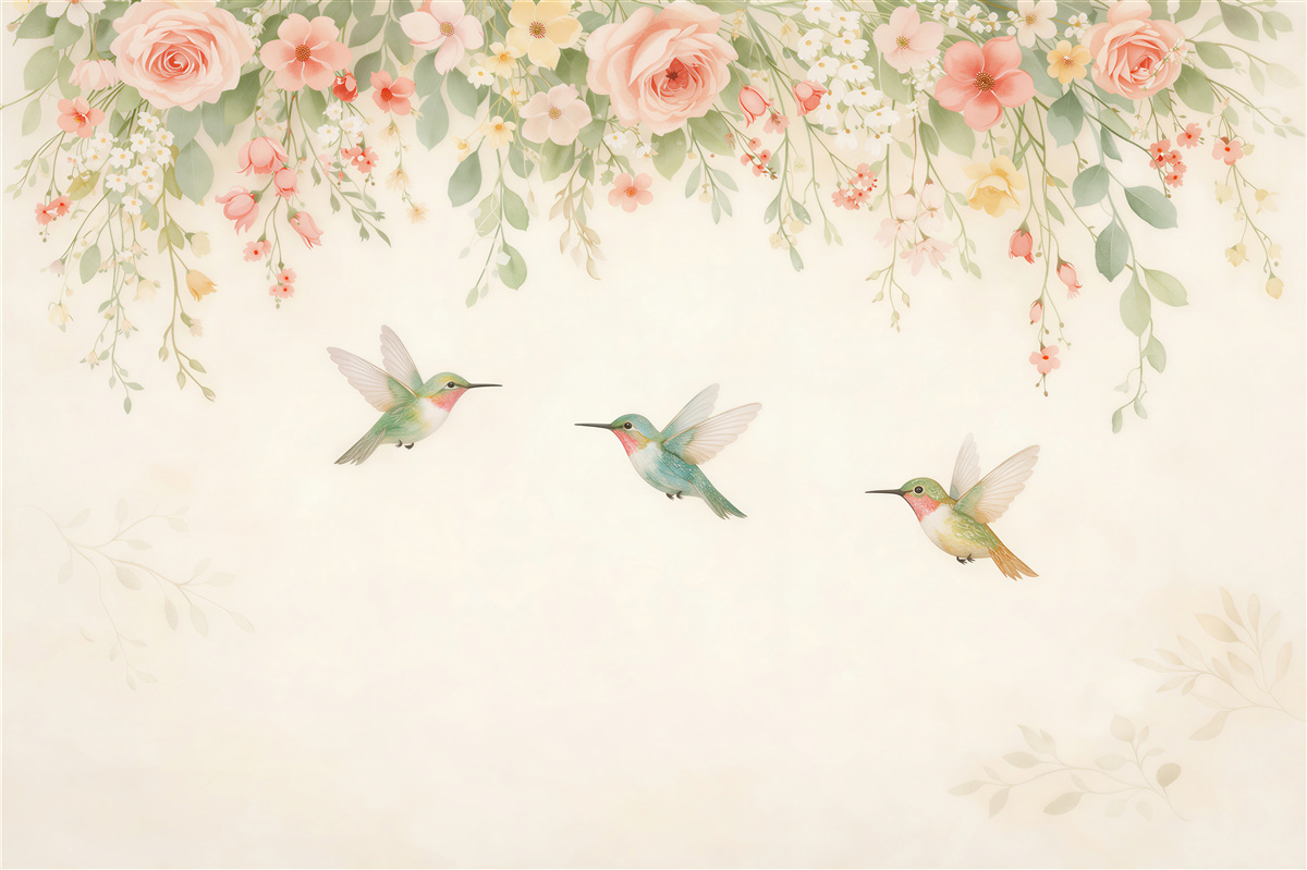 Fototapeten Pastellfarbene Kolibris in Blumen