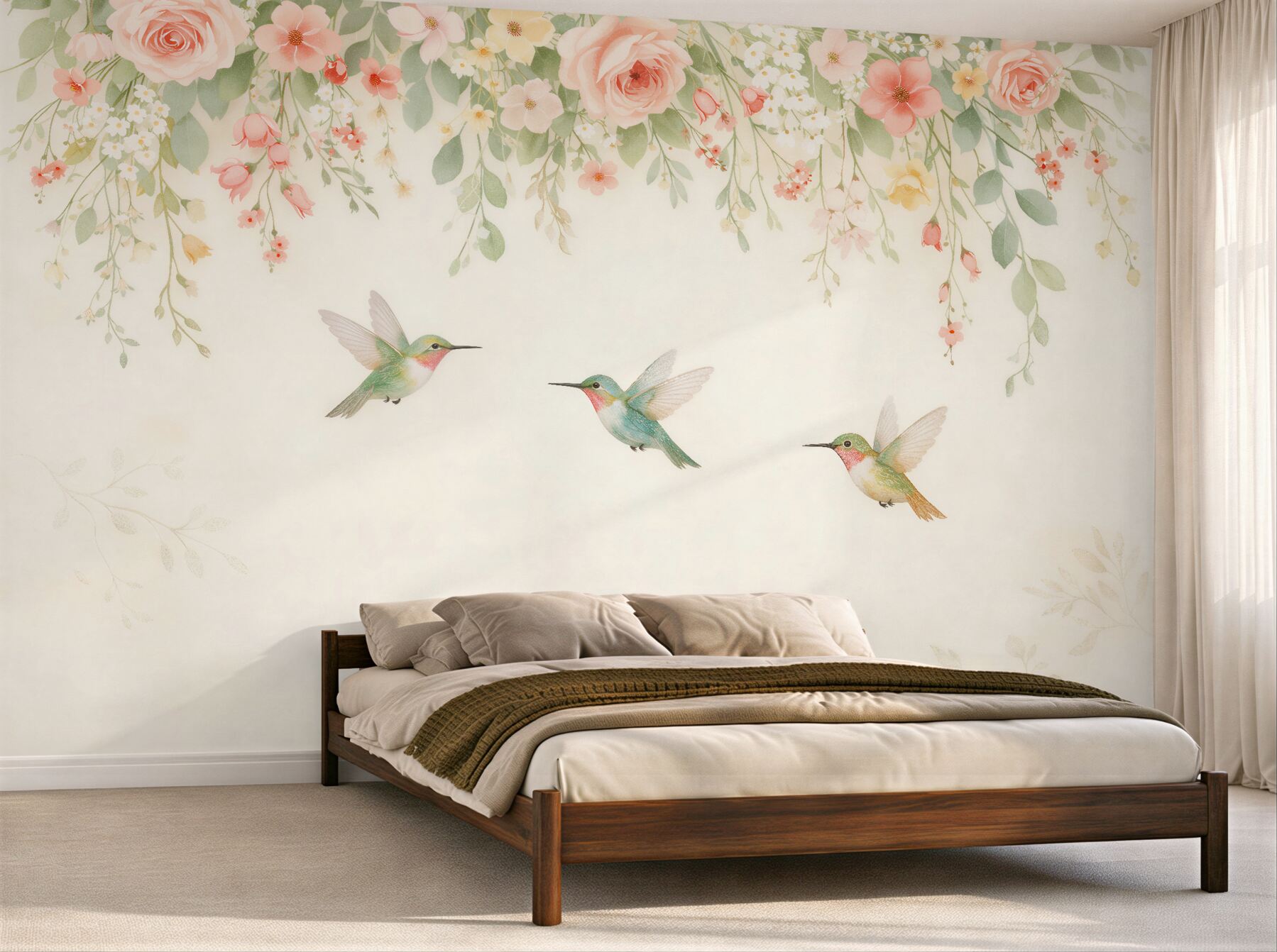 Fototapeten Pastellfarbene Kolibris in Blumen