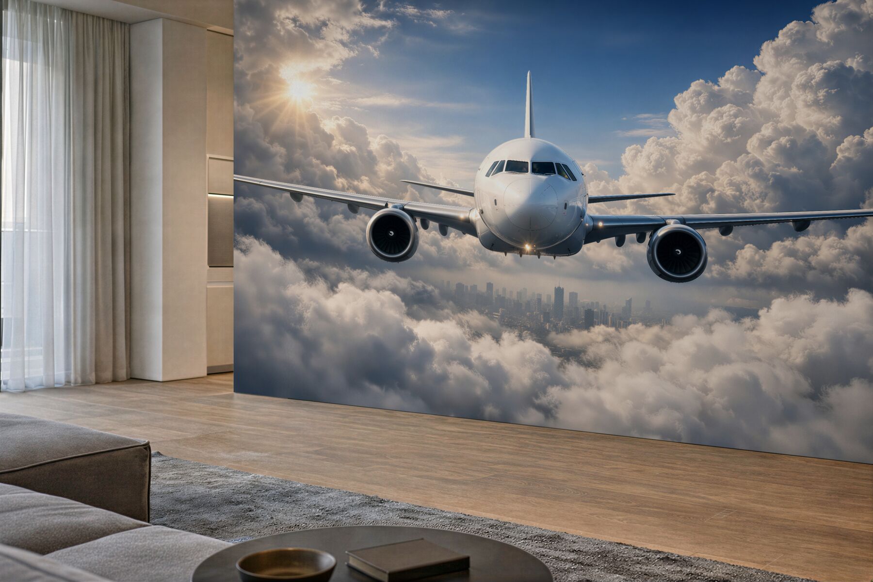 Fototapeten Flugzeug über Wolken und Stadt