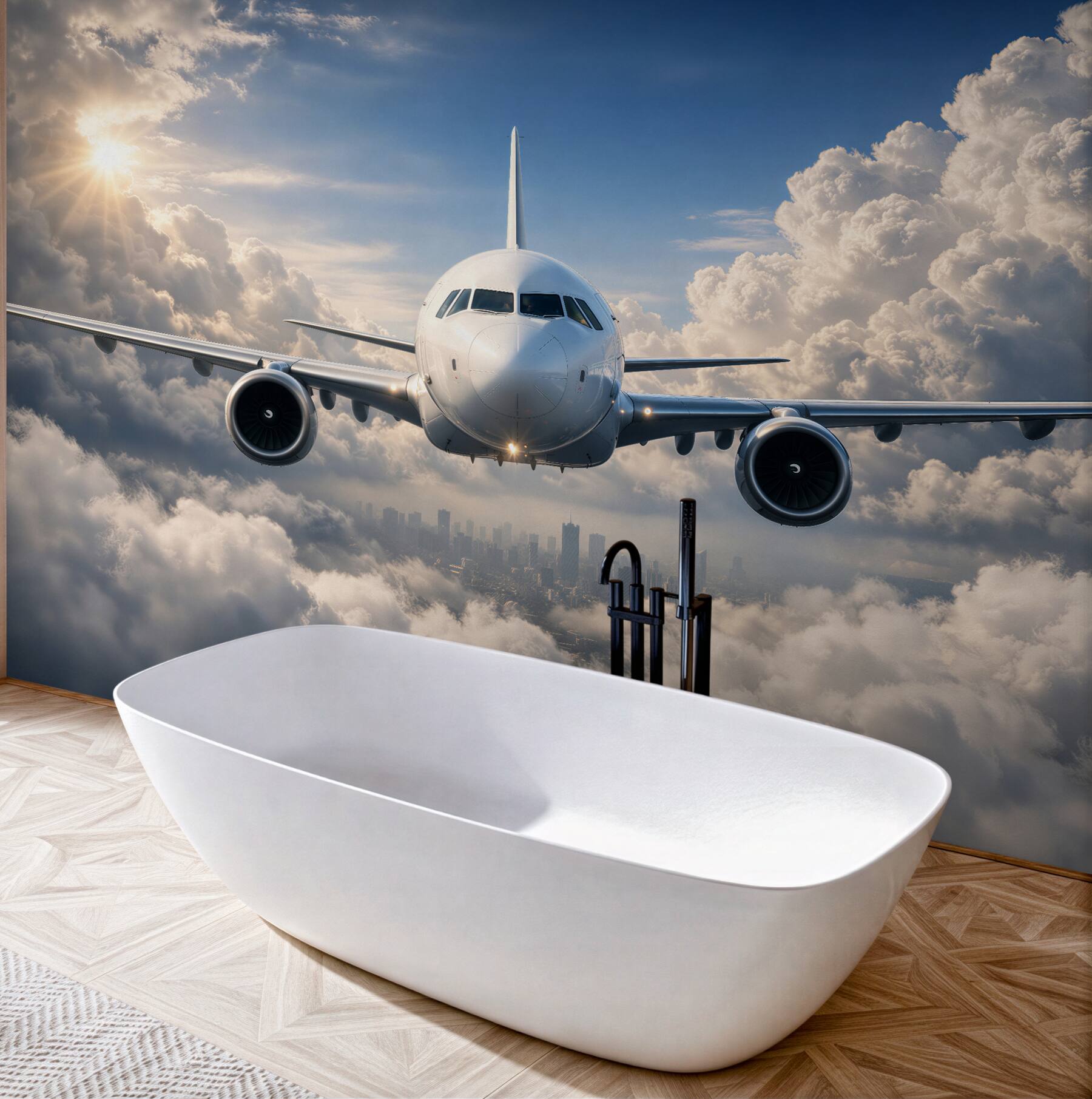 Fototapeten Flugzeug über Wolken und Stadt
