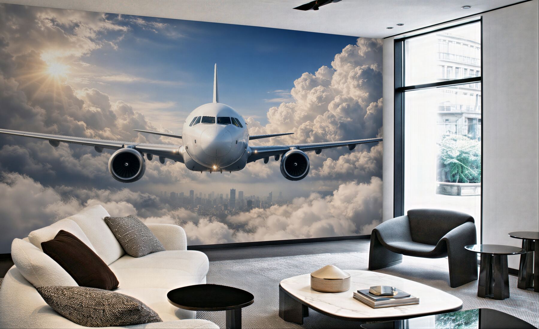Fototapeten Flugzeug über Wolken und Stadt