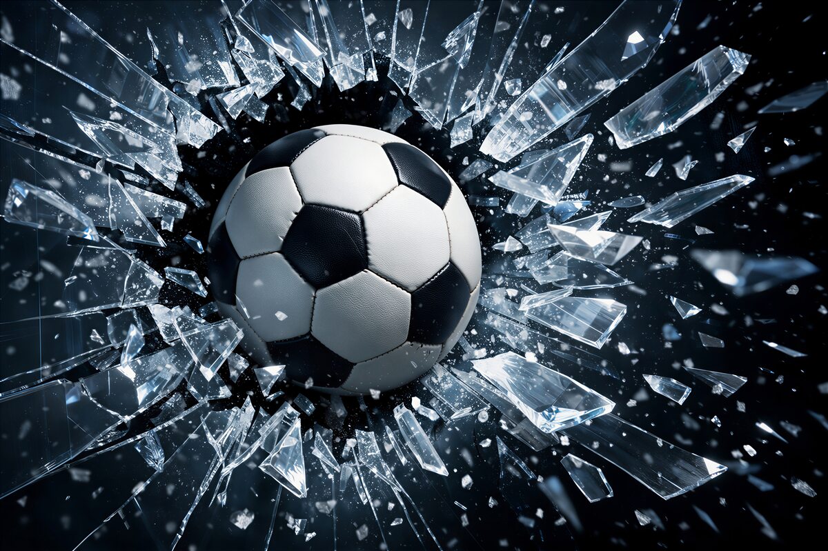 Fototapeten Ball, der eine Glasfläche durchbricht