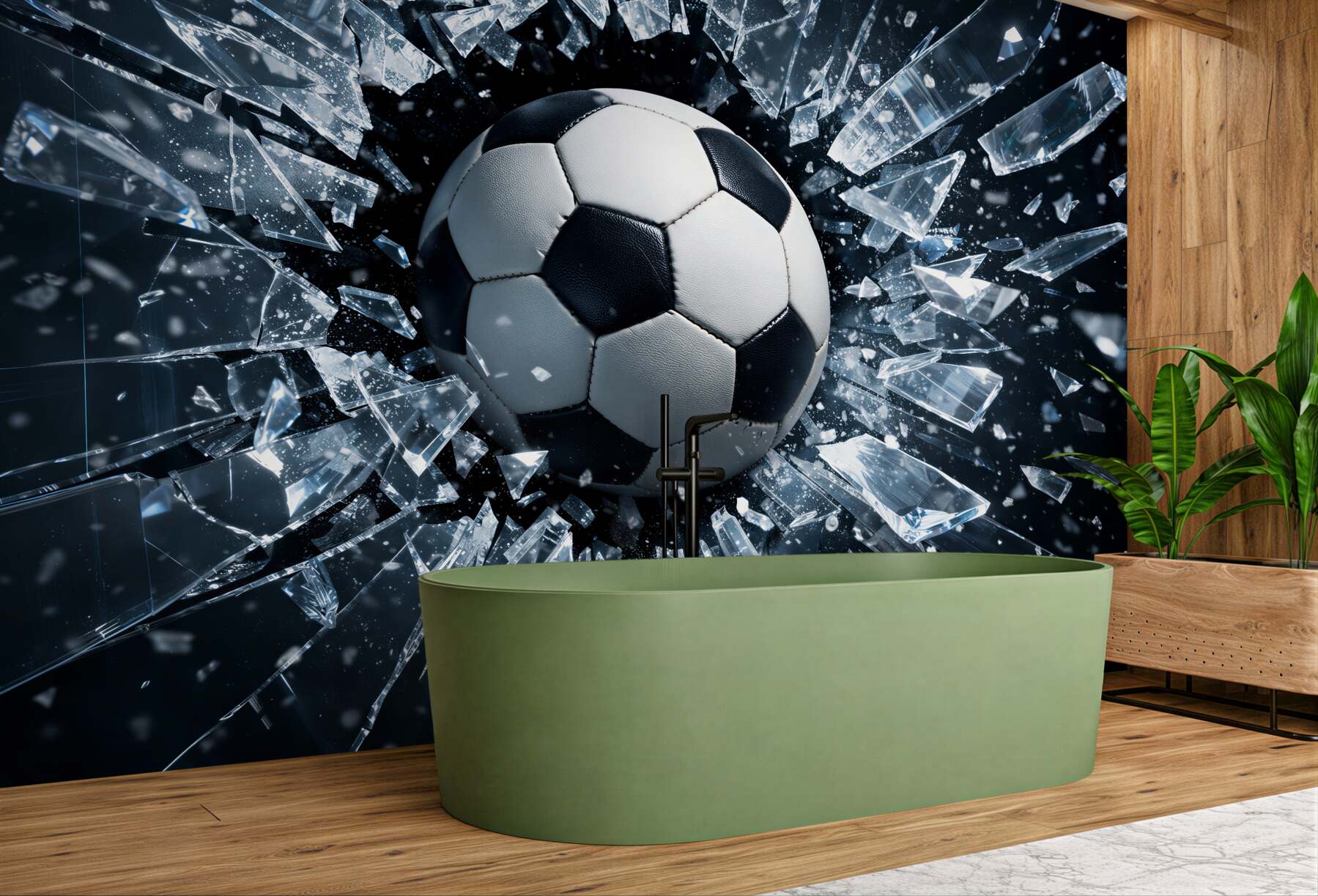 Fototapeten Ball, der eine Glasfläche durchbricht