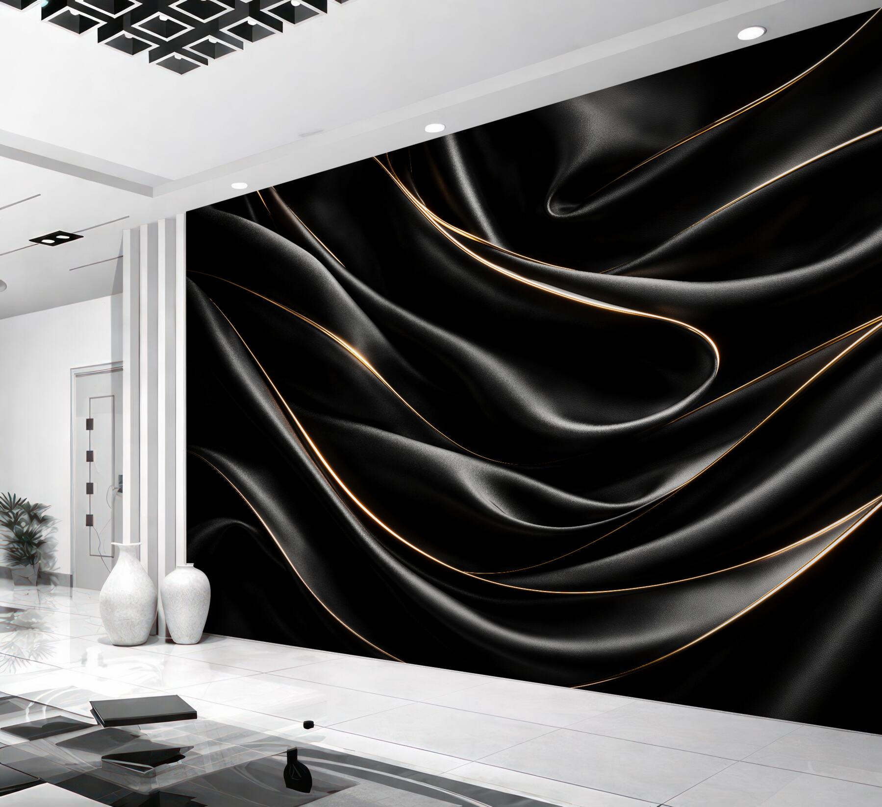 Fototapeten Schwarzer Satin mit goldener Linie