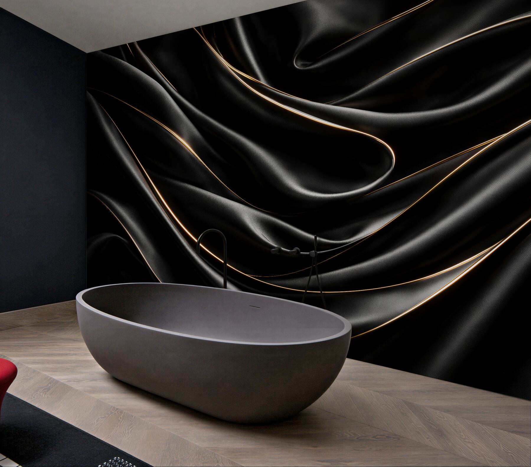 Fototapeten Schwarzer Satin mit goldener Linie