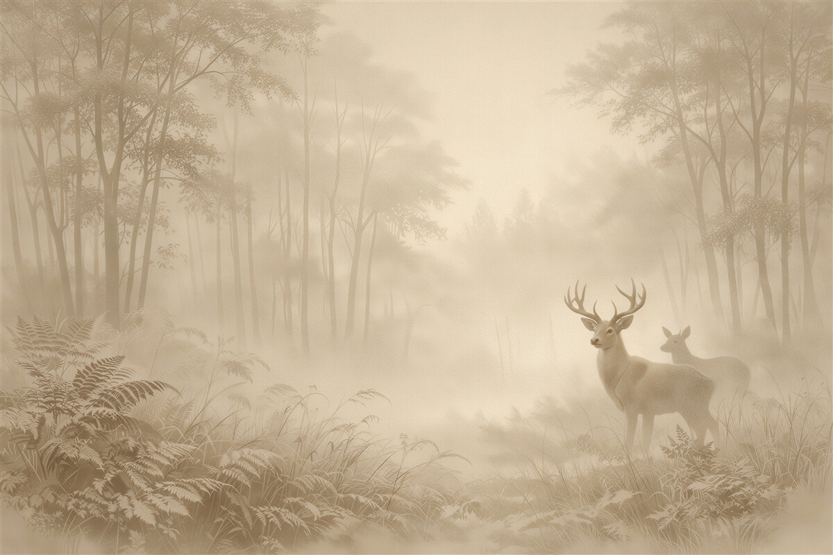 Fototapeten Hirsche im Waldnebel