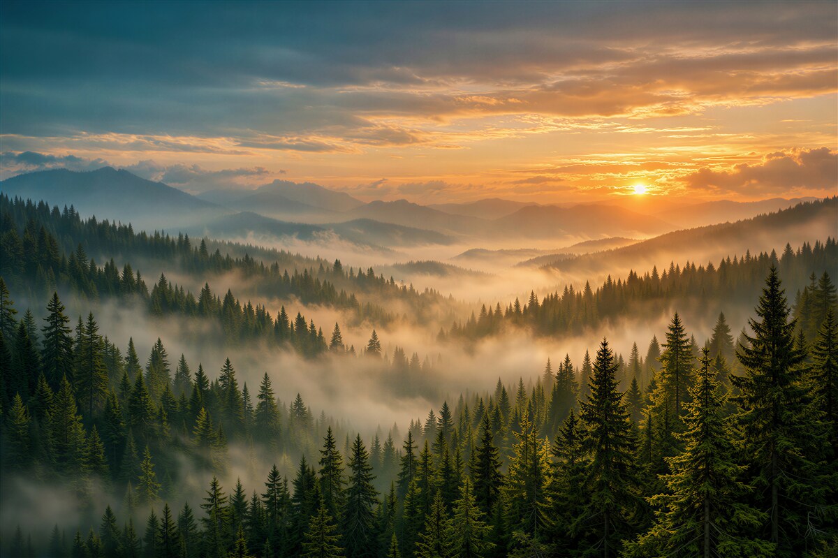 Fototapeten Nebliger Morgen über dem Bergwald