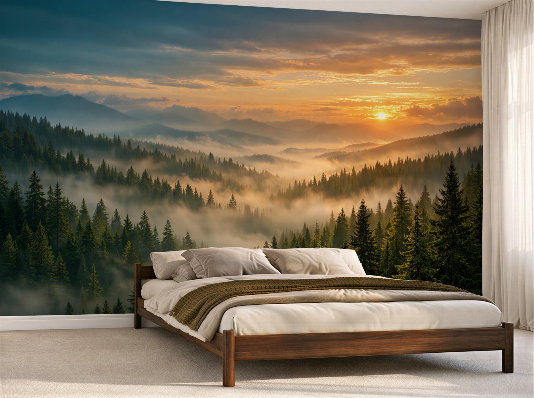 Fototapeten Nebliger Morgen über dem Bergwald