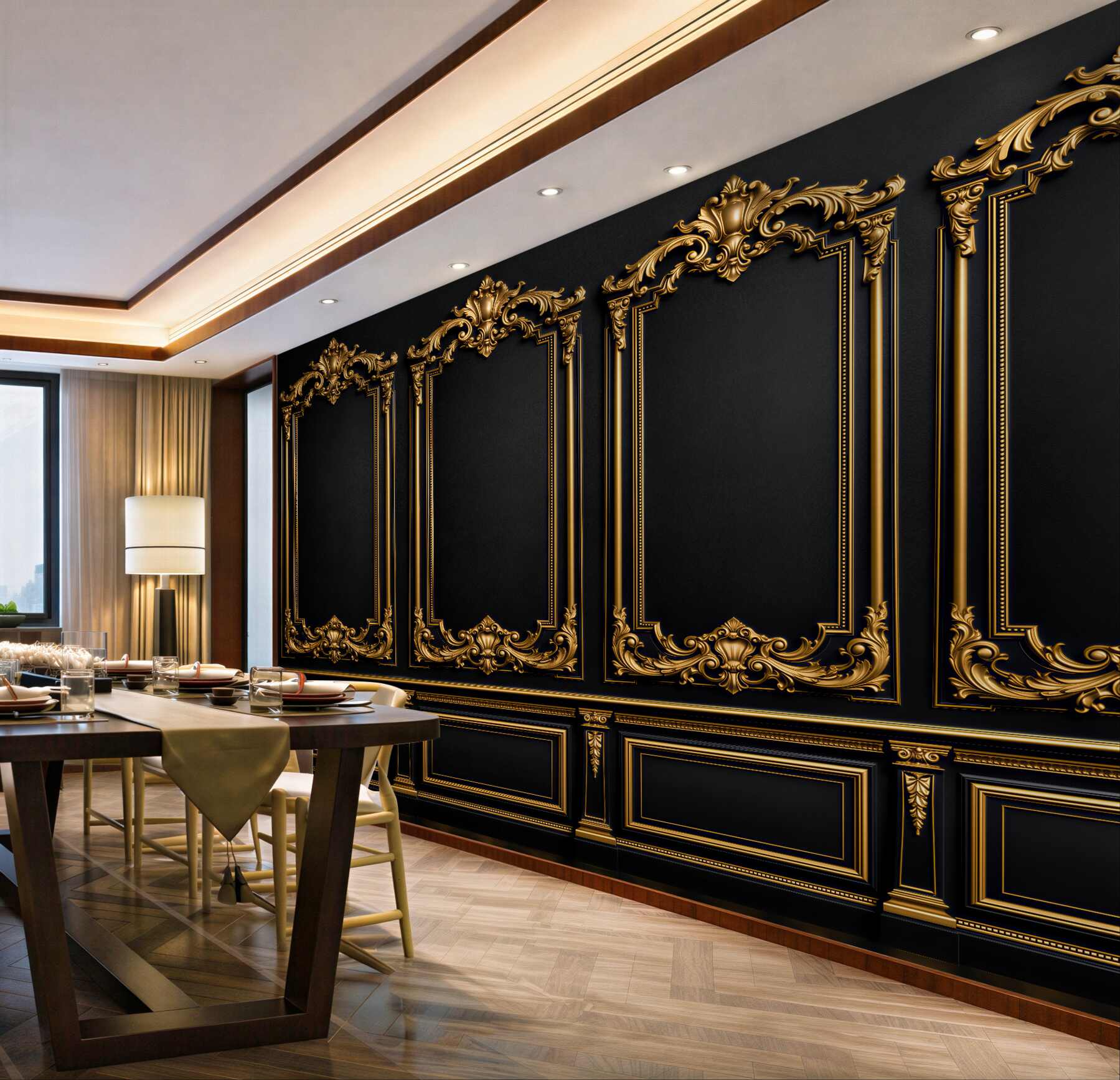 Fototapeten Schwarze goldene Palastwand