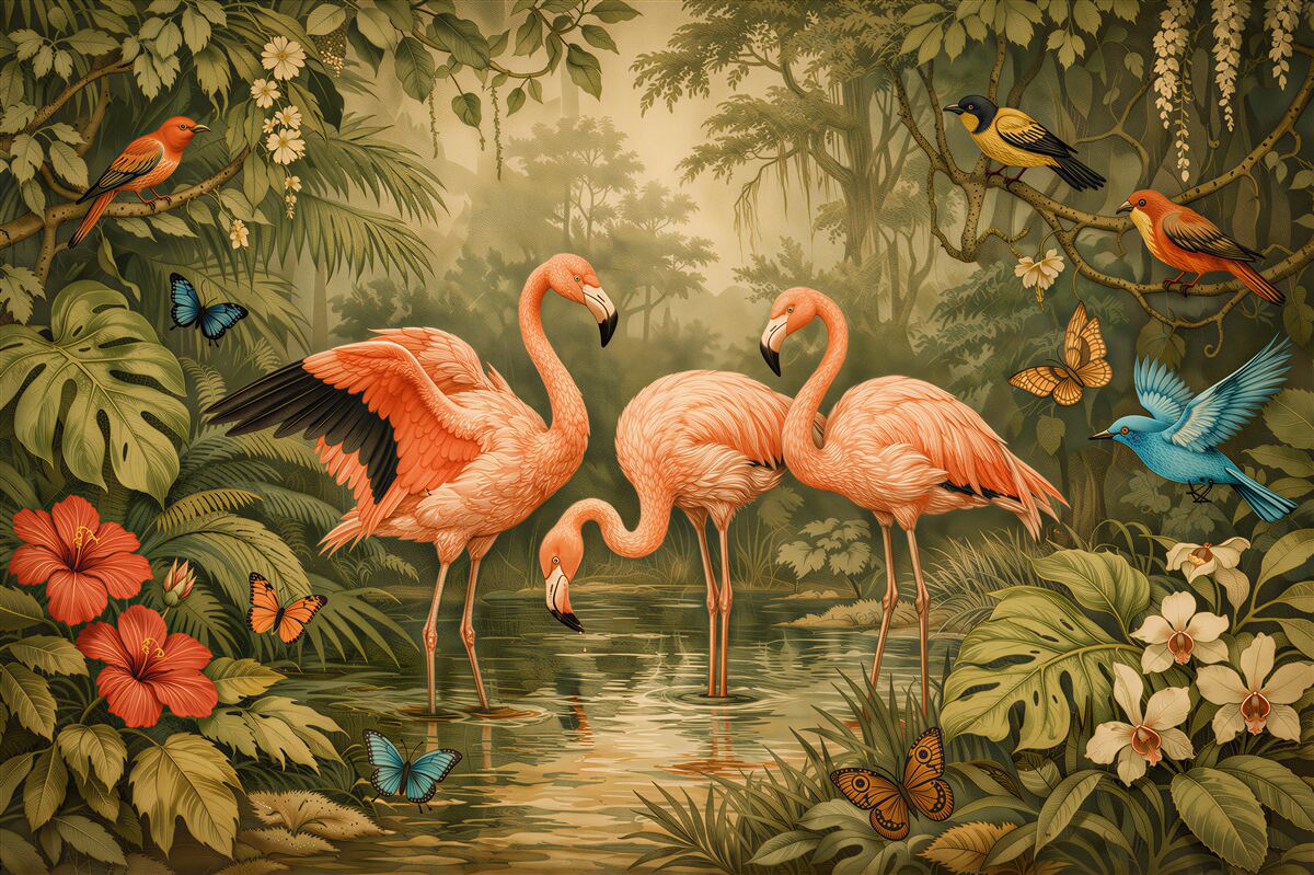 Fototapeten Flamingos im exotischen Dschungel