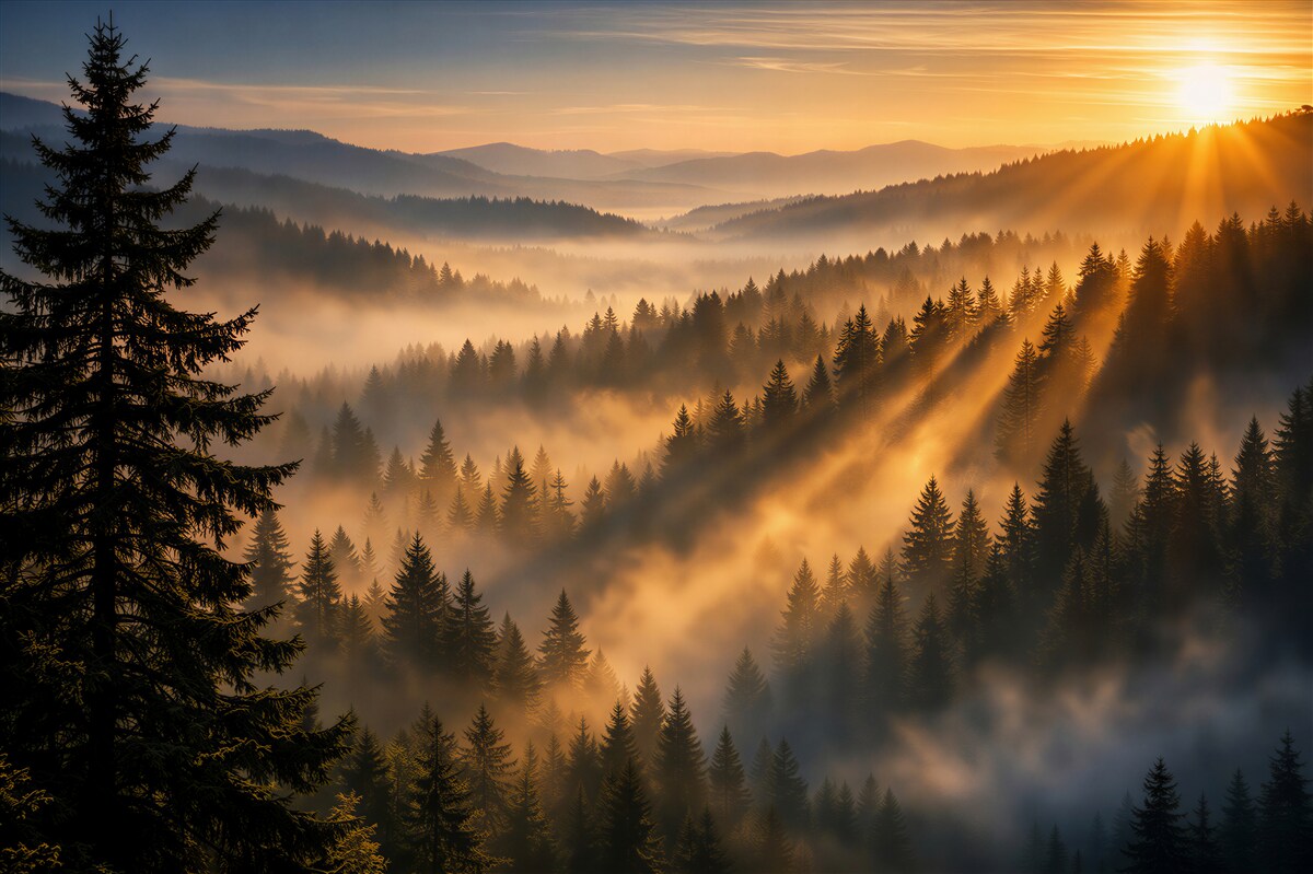 Fototapeten Goldene Morgendämmerung über dem nebligen Wald