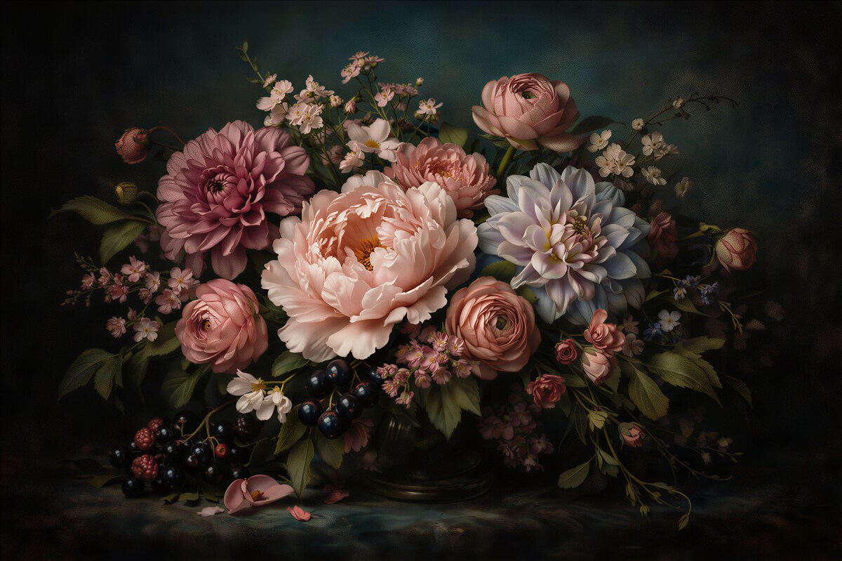 Fototapeten Romantischer Strauß aus pastellfarbenen Blumen