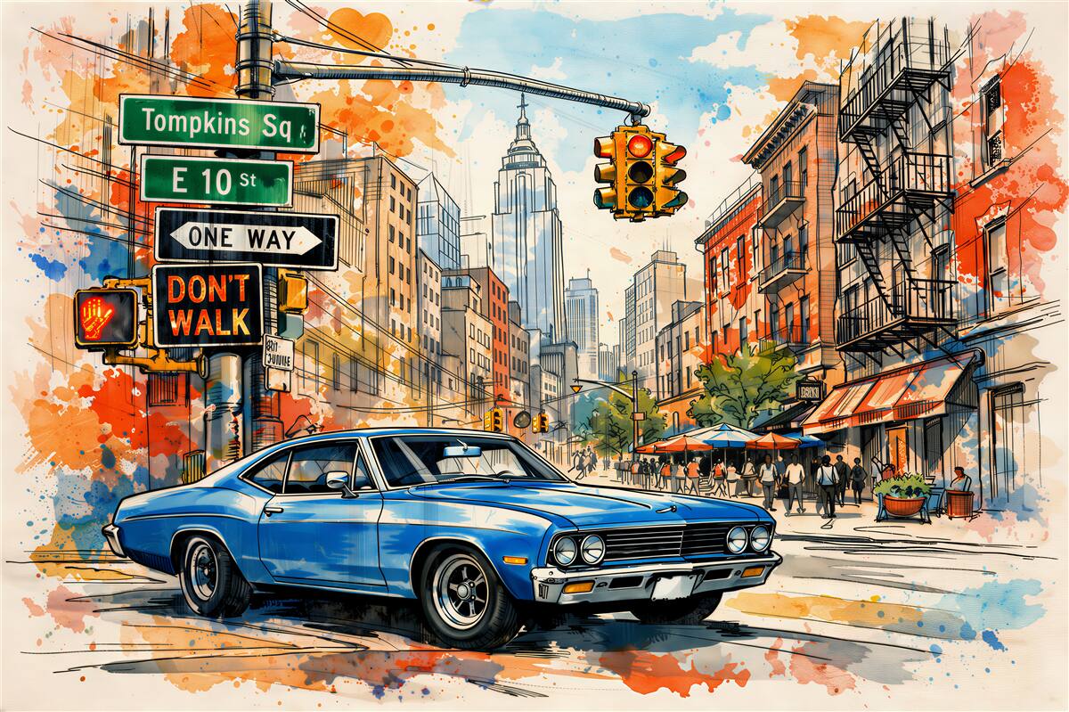 Fototapeten Aquarellstraße mit klassischem Auto