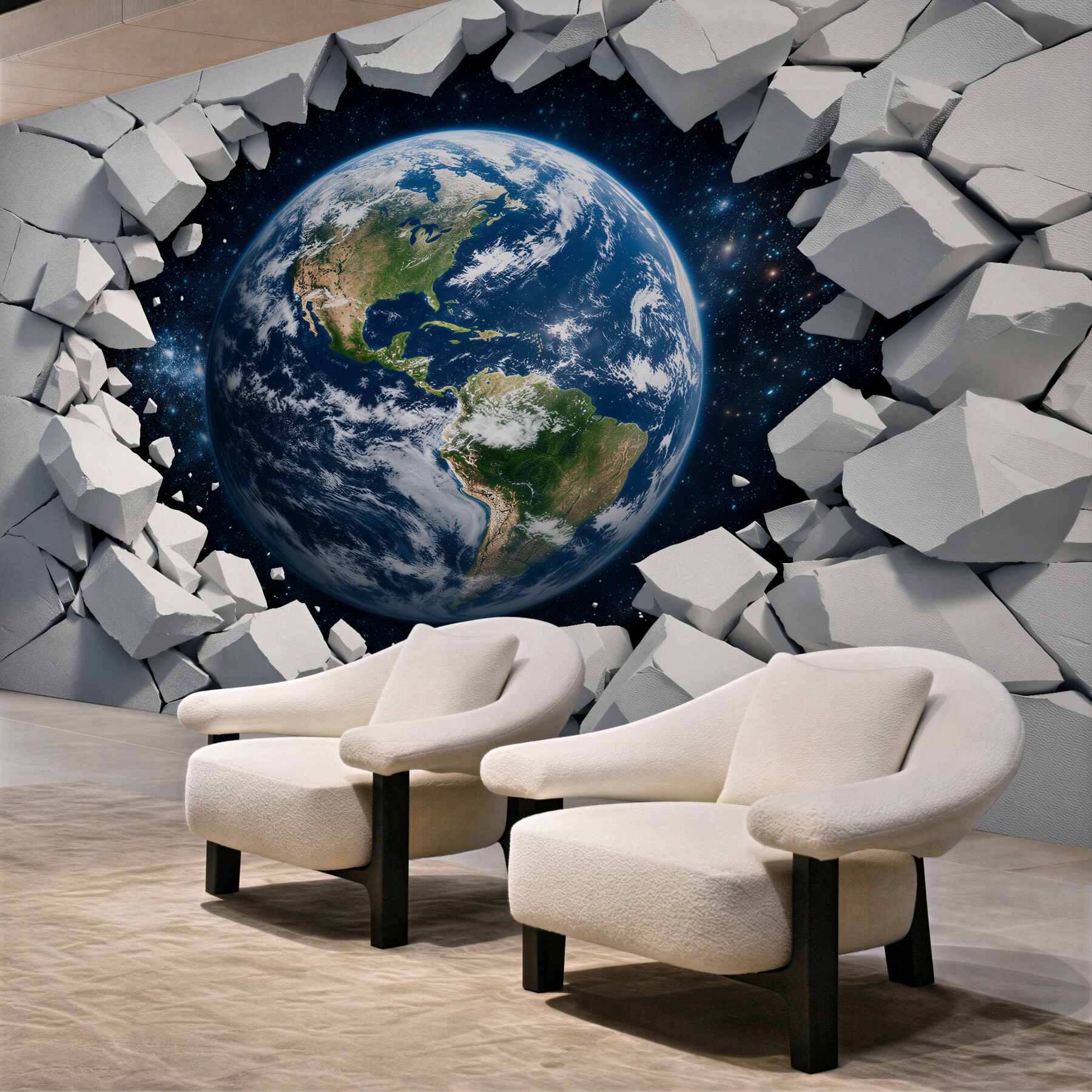 Fototapeten Erde durchbricht die Wand in 3D