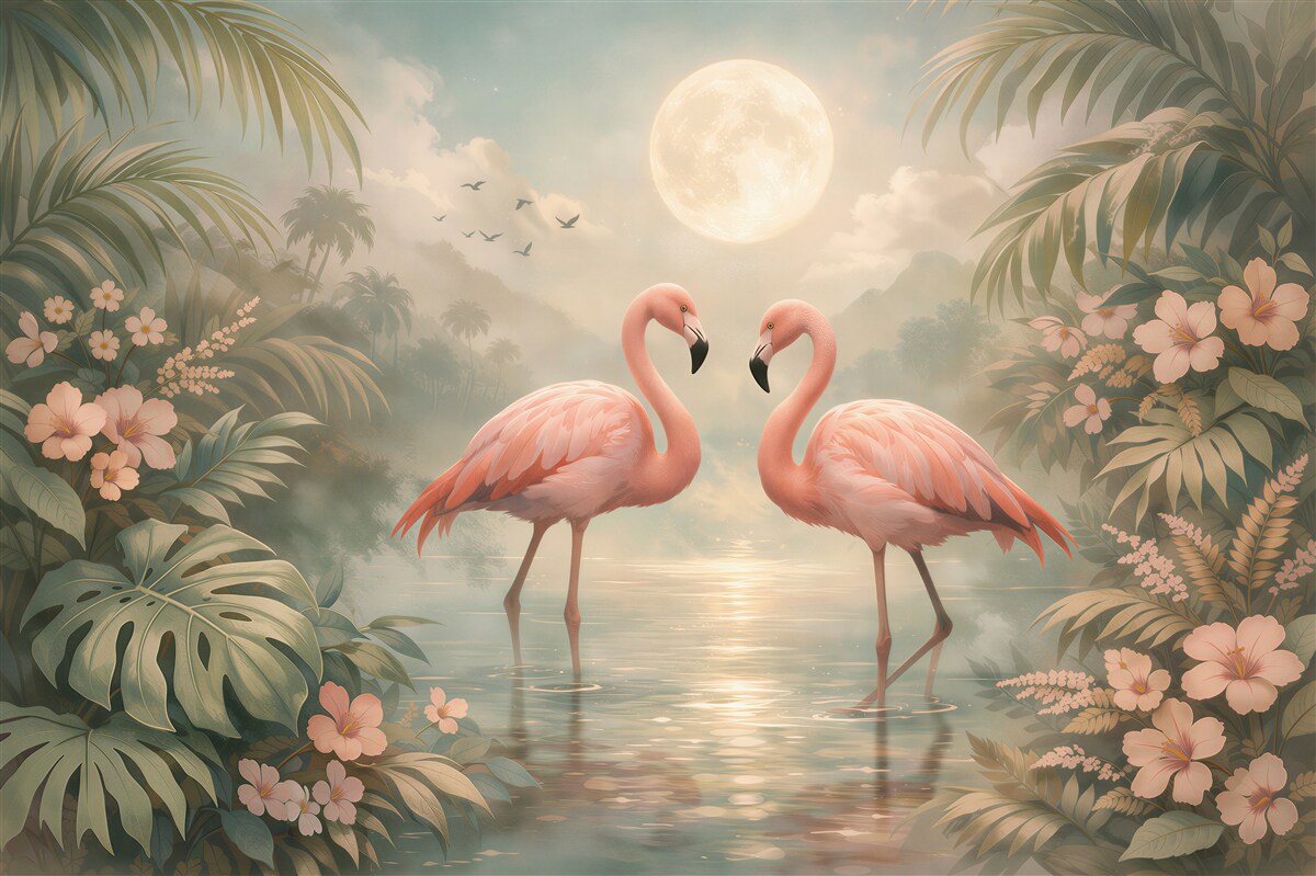 Fototapeten Flamingos in mondheller Lagune