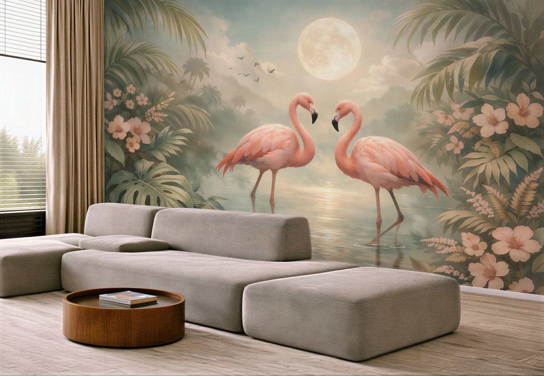 Fototapeten Flamingos in mondheller Lagune