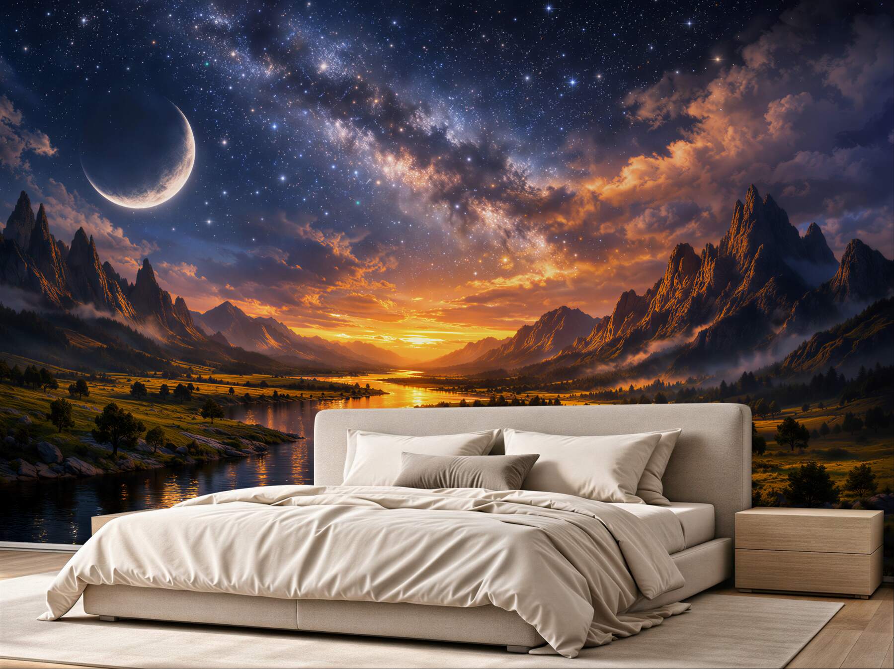 Fototapeten Kosmischer Sonnenuntergang über einem Bergtal
