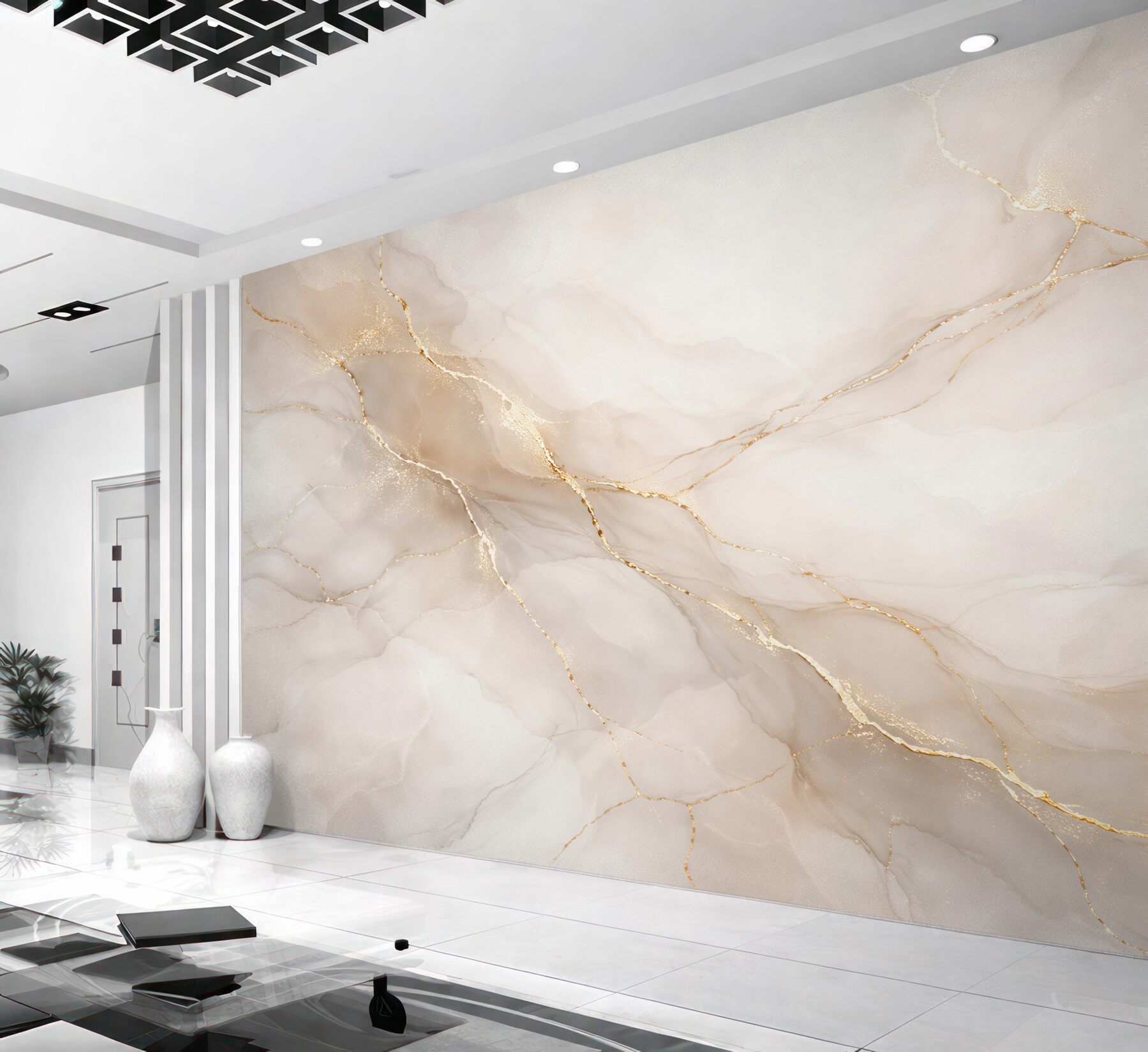 Fototapeten Cremefarbener Marmor mit goldener Ader
