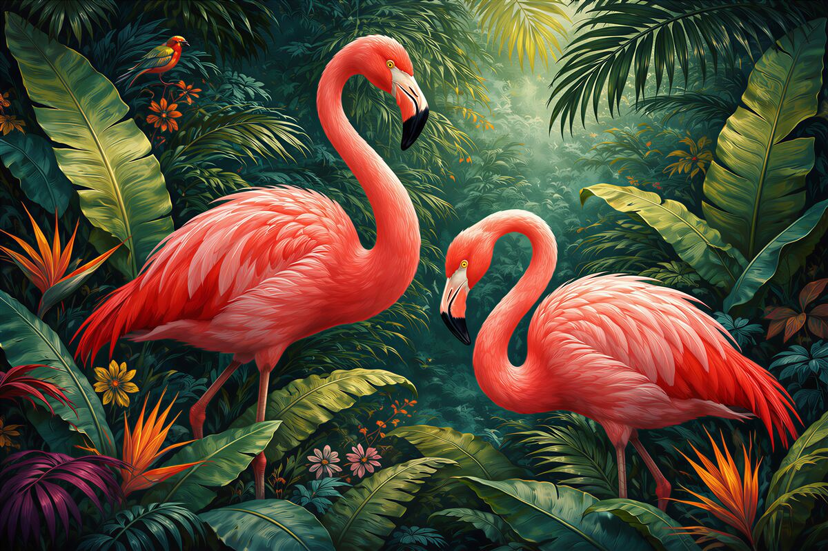 Fototapeten Rosa Flamingos im tropischen Dschungel