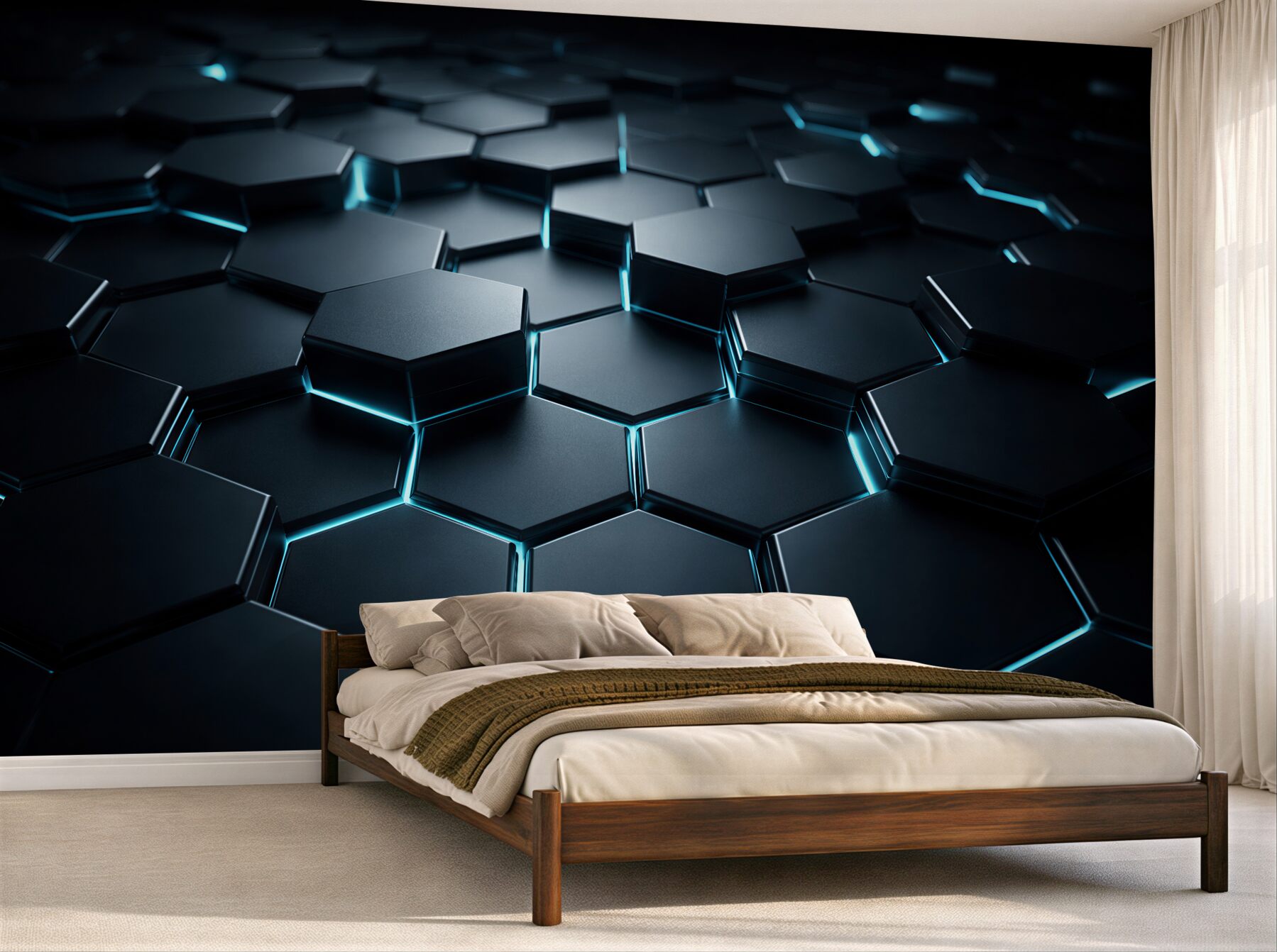 Fototapeten Dunkle Hexagone mit blauem Licht