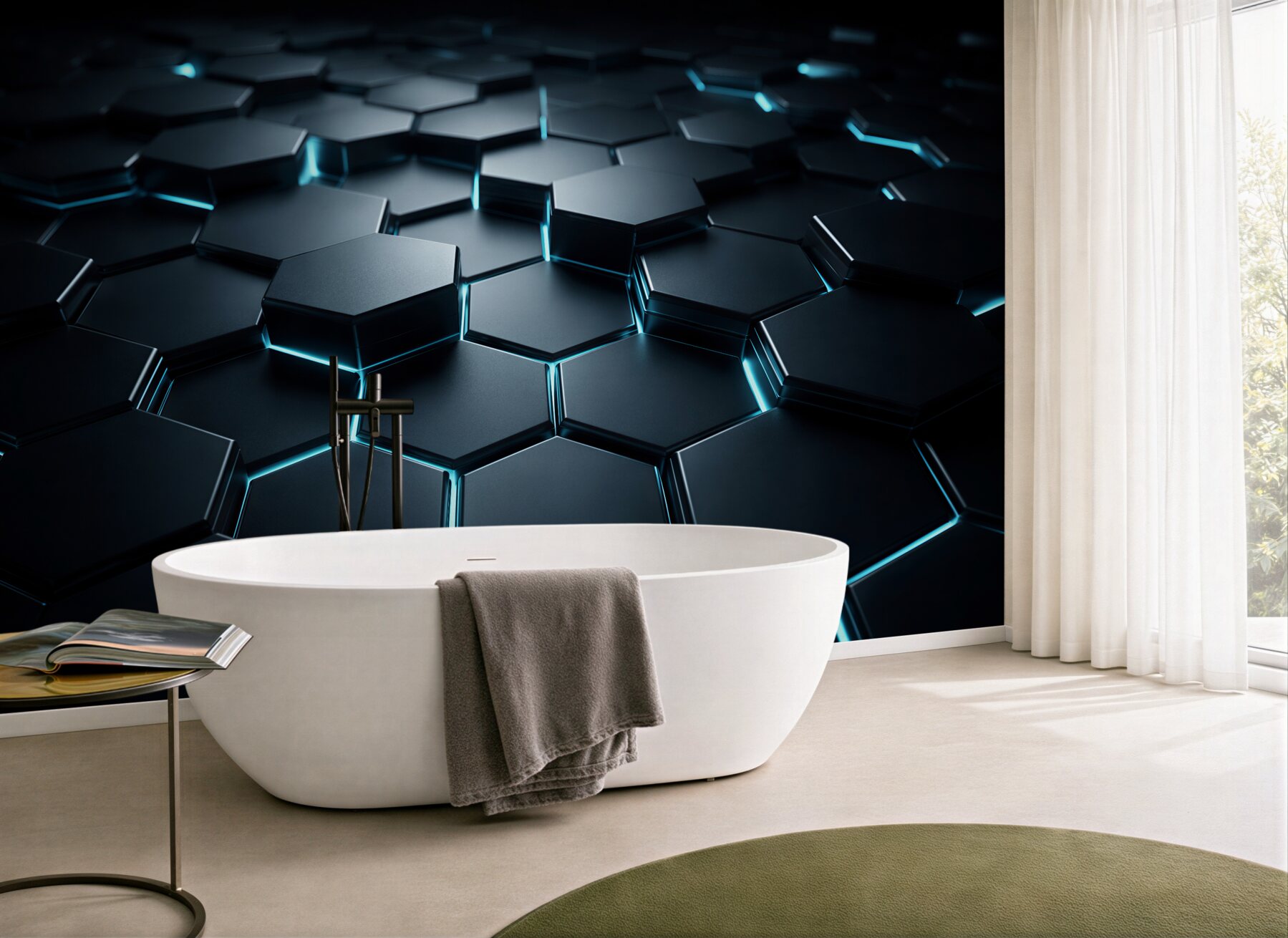 Fototapeten Dunkle Hexagone mit blauem Licht