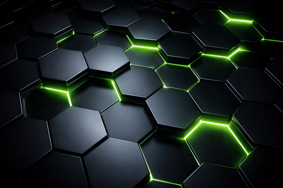 Fototapeten Grüne Neon-Hexagone 3D