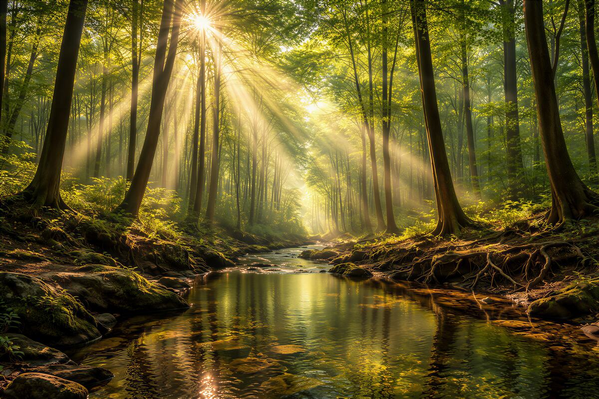 Fototapeten Sonniger Wald am ruhigen Bach