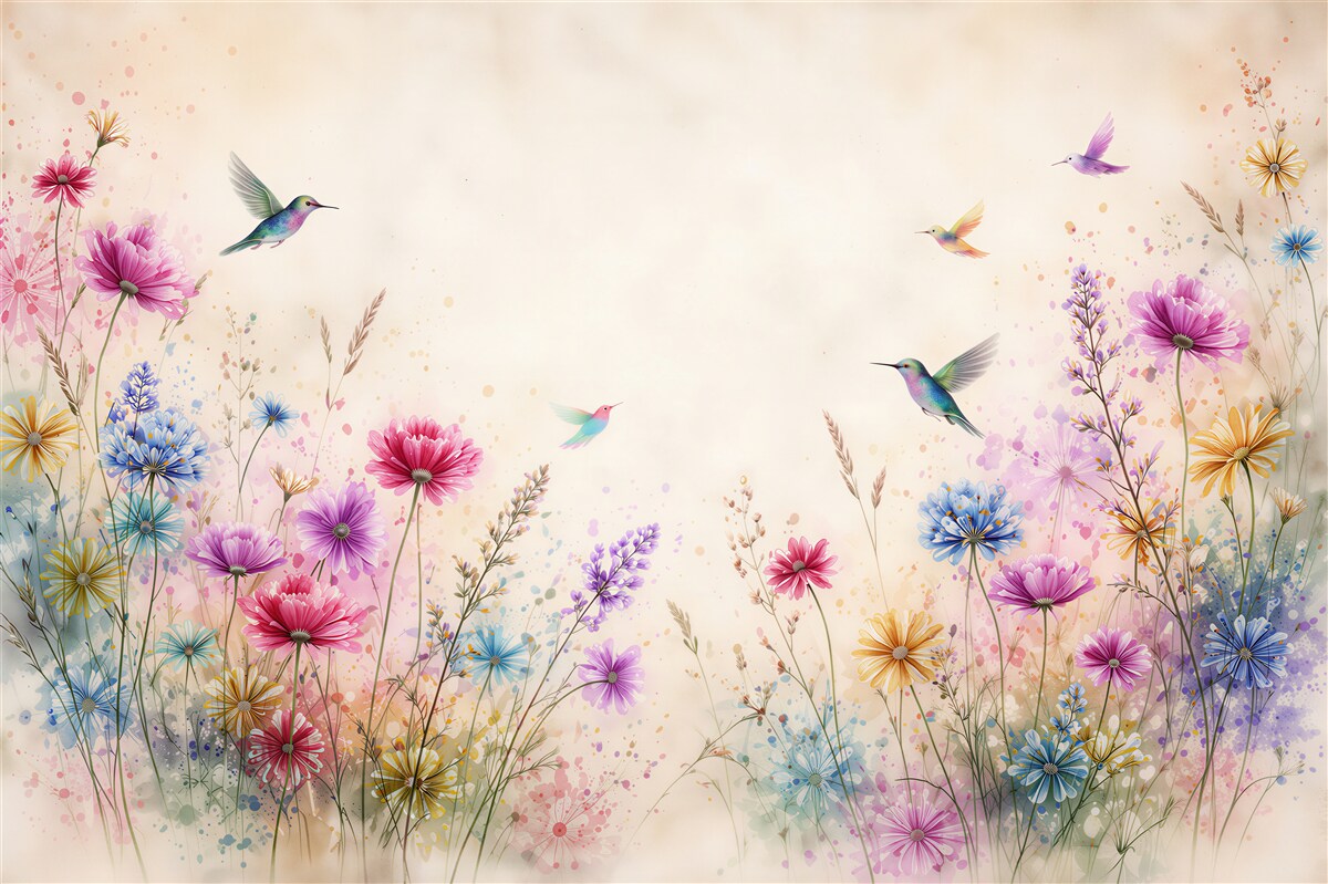 Fototapeten Aquarellwiese mit Kolibris