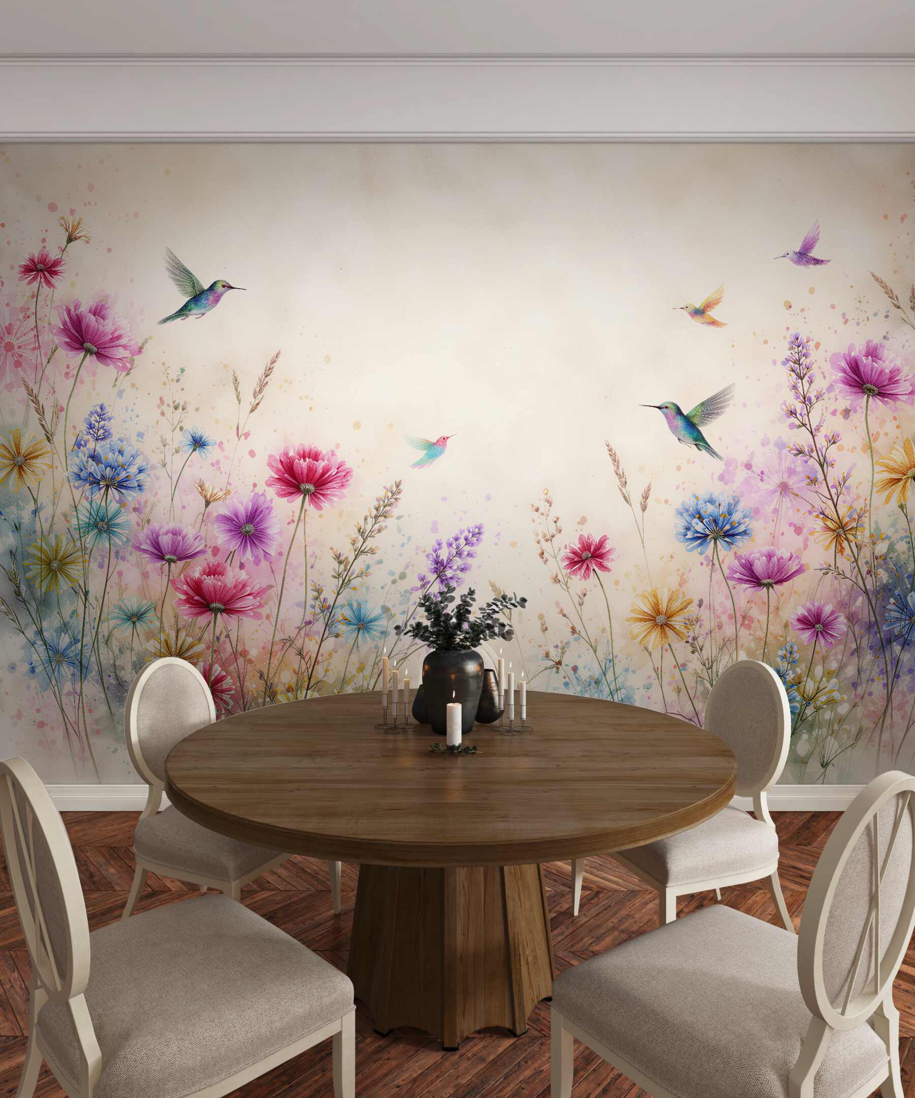 Fototapeten Aquarellwiese mit Kolibris