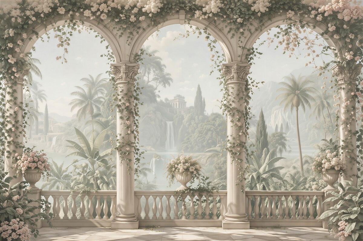 Fototapeten Romantischer Garten unter Arkaden