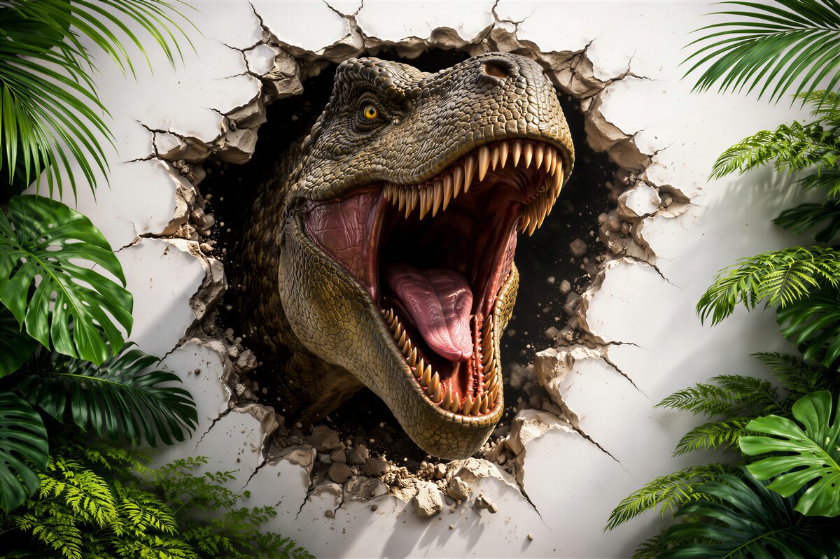 Fototapeten 3D-Dinosaurier durchbricht die Wand