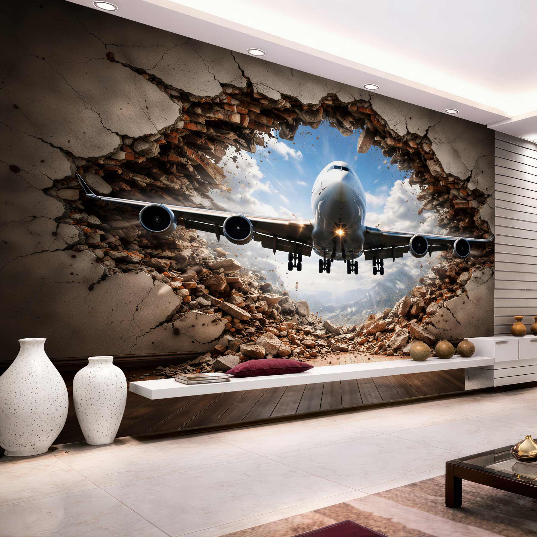 Fototapeten Flugzeug durchbricht die Wand 3D