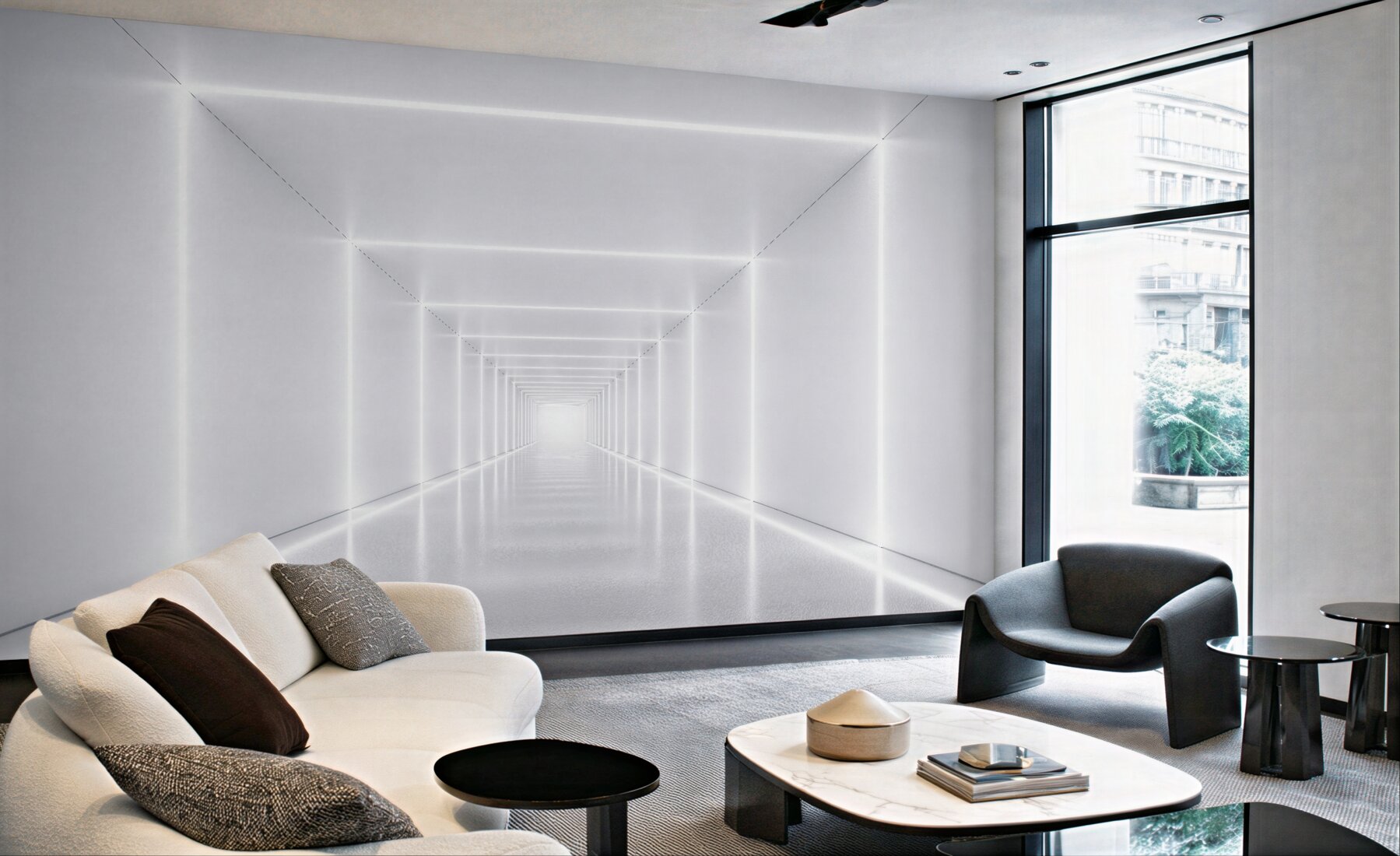 Fototapeten Leuchtender weißer Tunnel der Zukunft