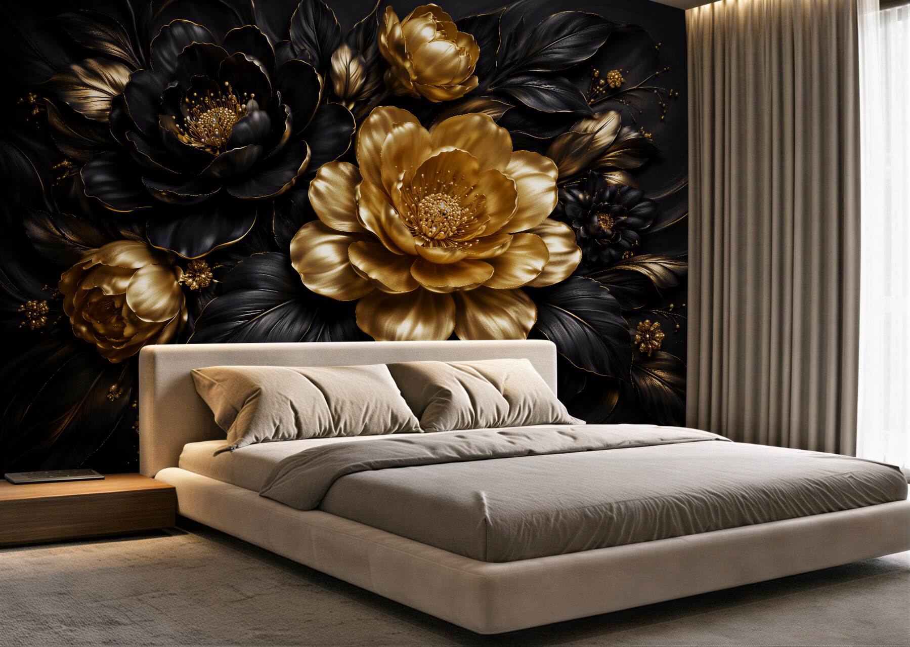 Fototapeten Gold-schwarze Glamour-Blumen