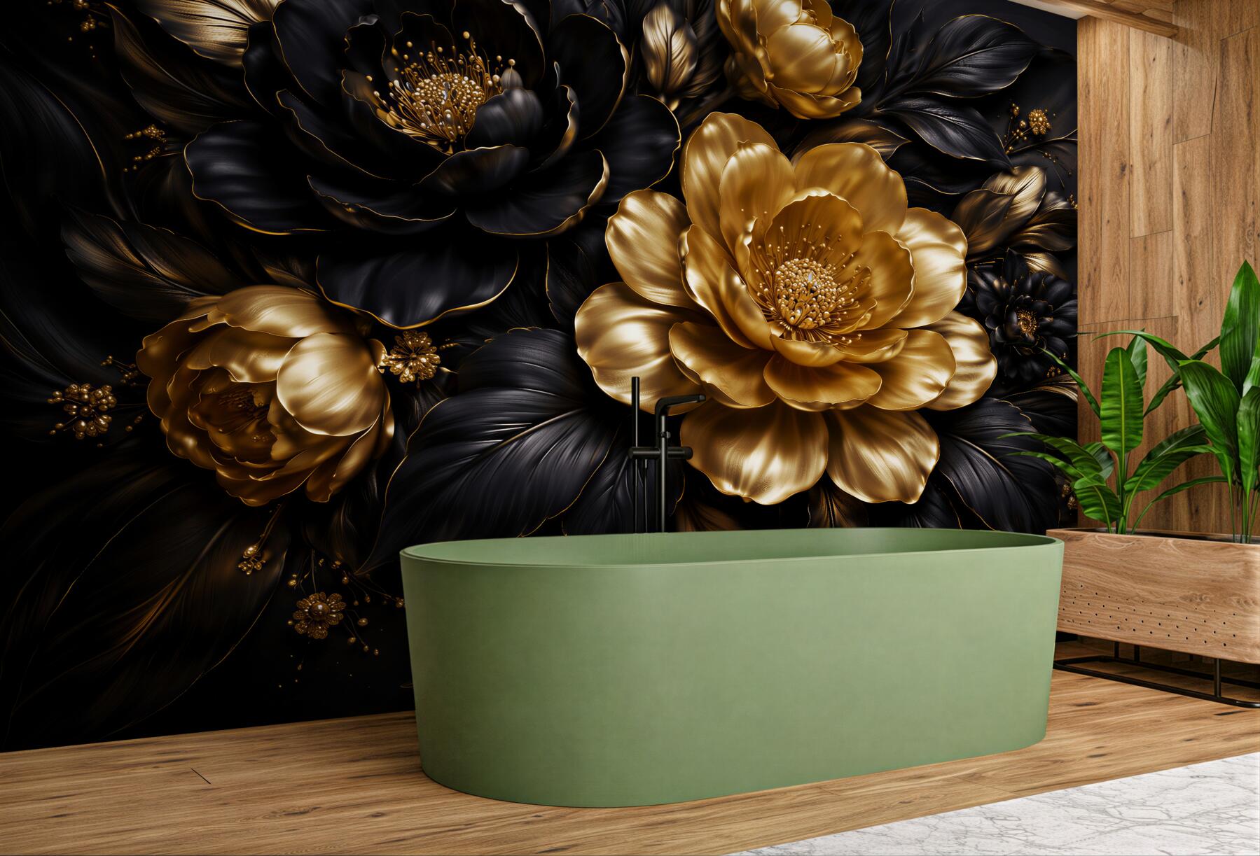 Fototapeten Gold-schwarze Glamour-Blumen