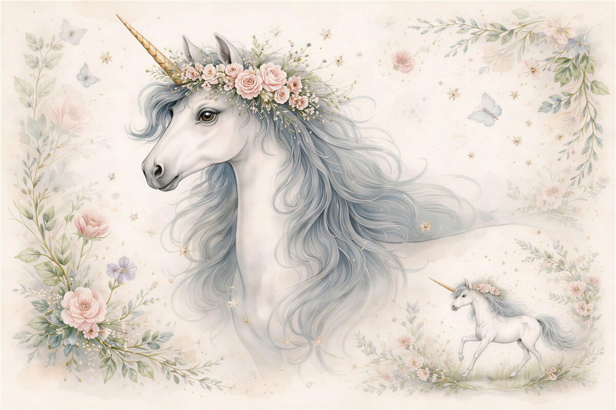 Fototapeten Märchenhaftes Einhorn in Blumen