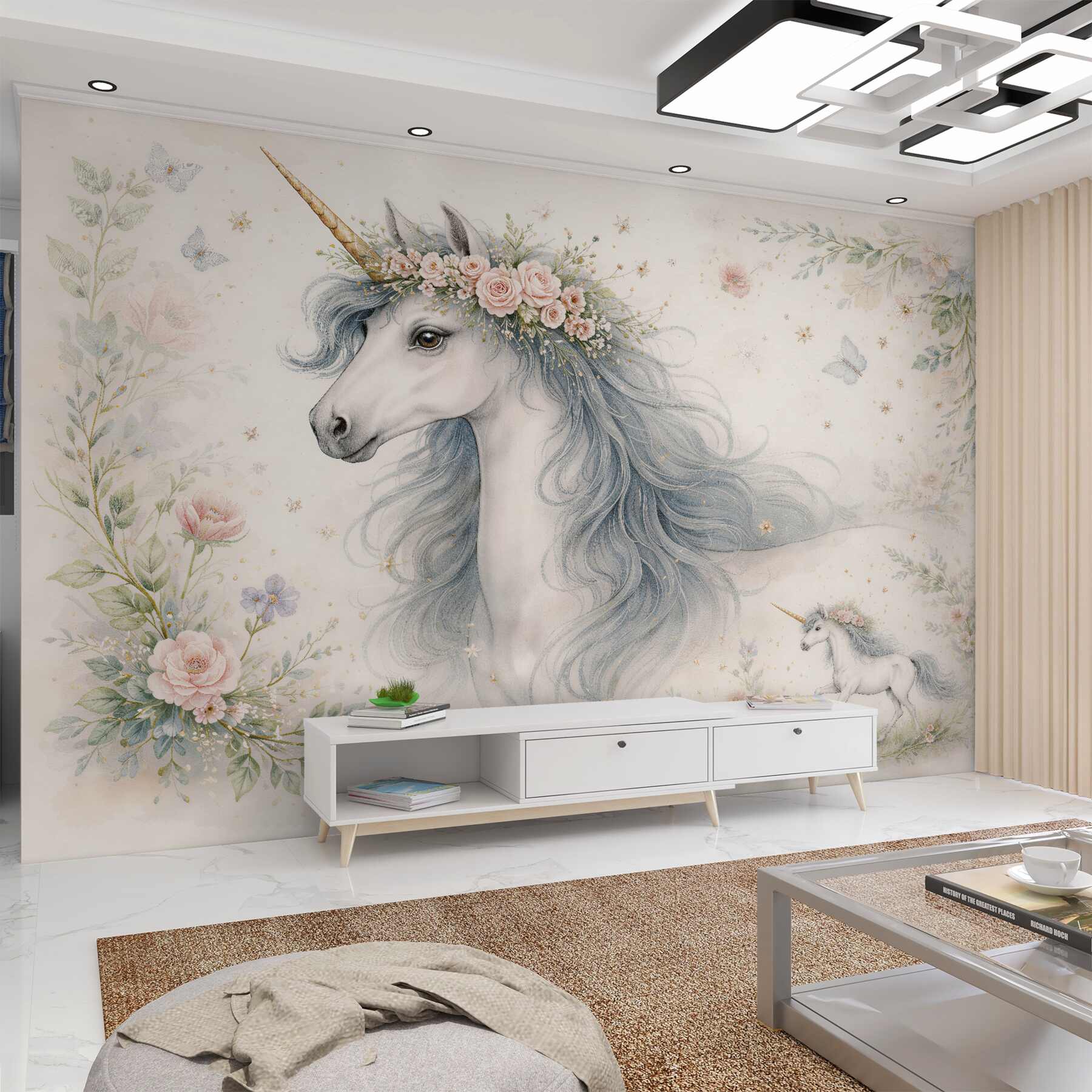 Fototapeten Märchenhaftes Einhorn in Blumen
