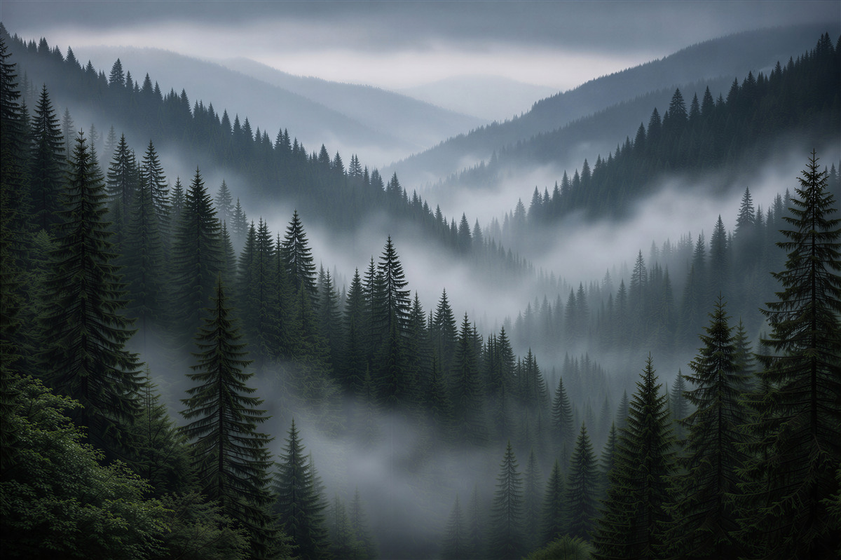 Fototapeten Nebeliger Bergwald